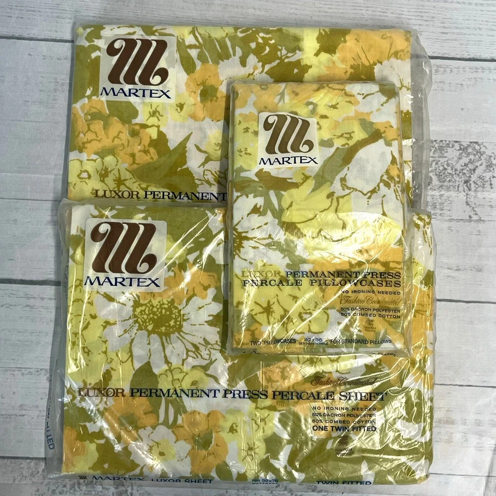 Vintage Martex Luxor Percale Twin Fitted Sheet Set 3pc Yellow Green Pillowcases